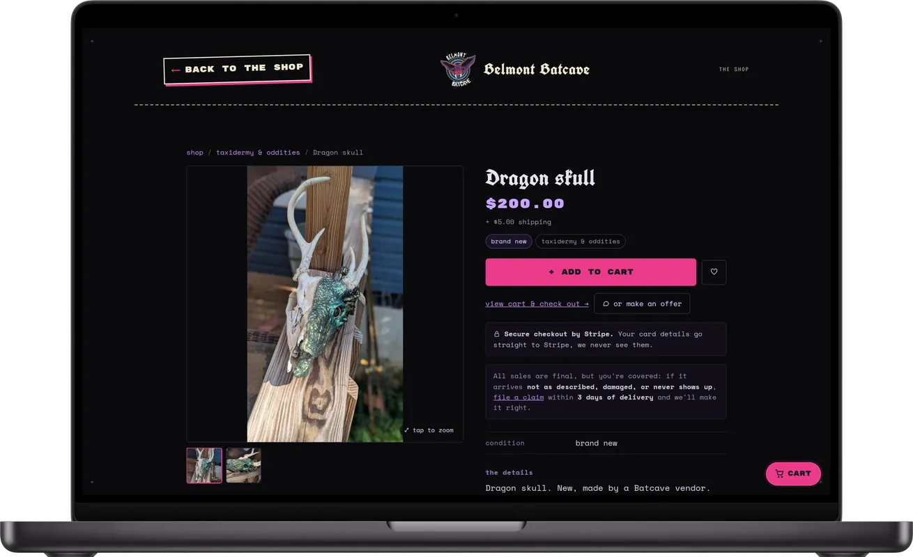 A product page on the online shop: a dragon skull for $200 with photos, add to cart and make an offer.