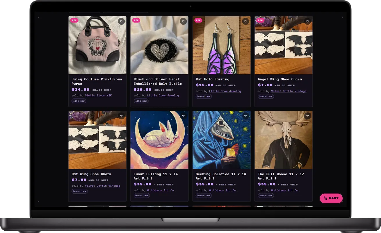 The Belmont Batcave online shop on a desktop: a grid of vendor listings with photos, prices and vendor names.