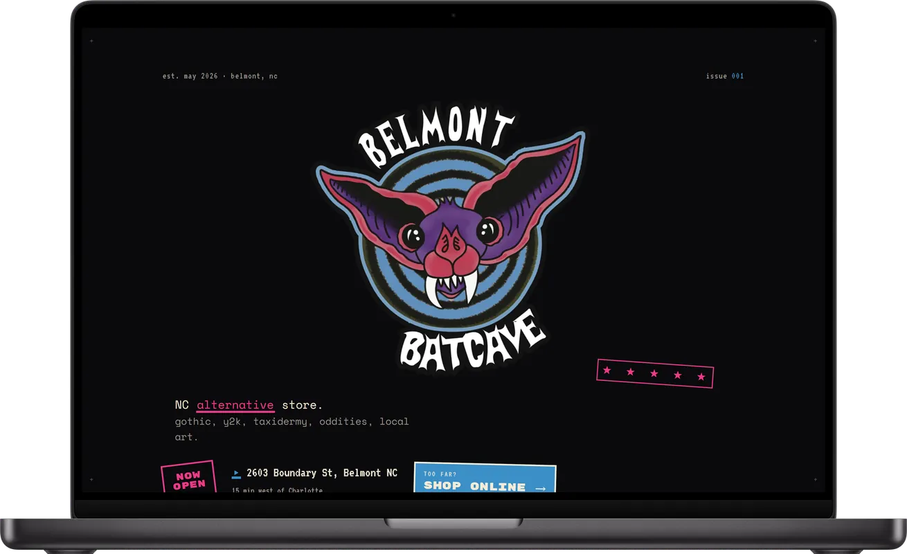 The Belmont Batcave home page on a desktop: the bat logo, the store address and a shop online button.