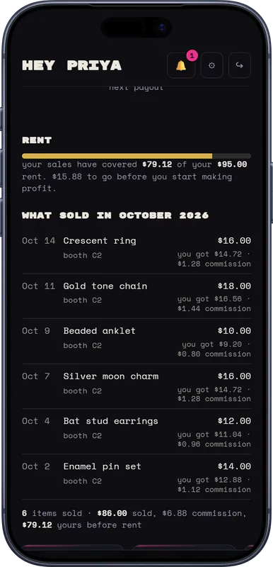 The vendor portal on a phone: how much of this month's booth rent is covered by sales, and what sold in October.