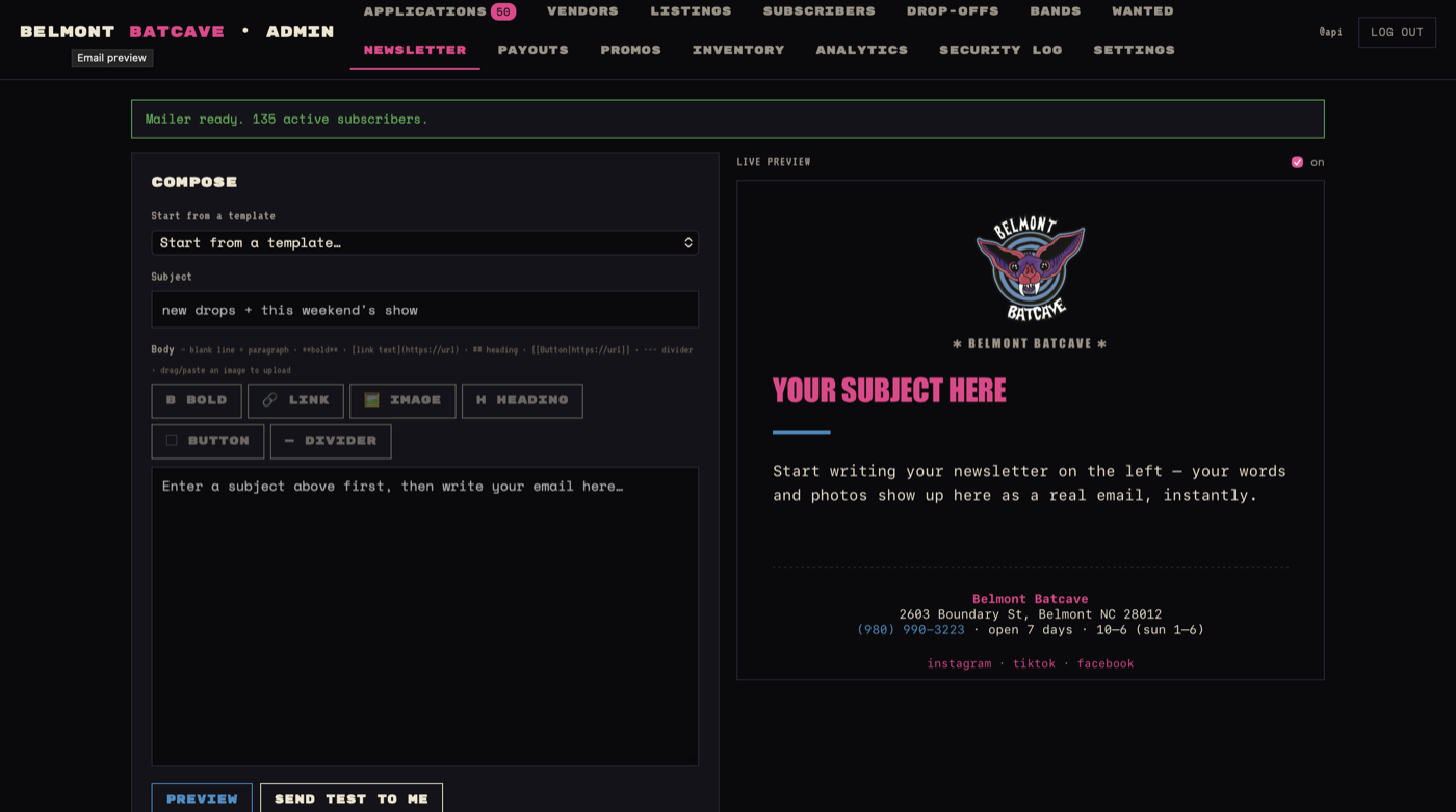 Belmont Batcave admin newsletter composer with live email preview