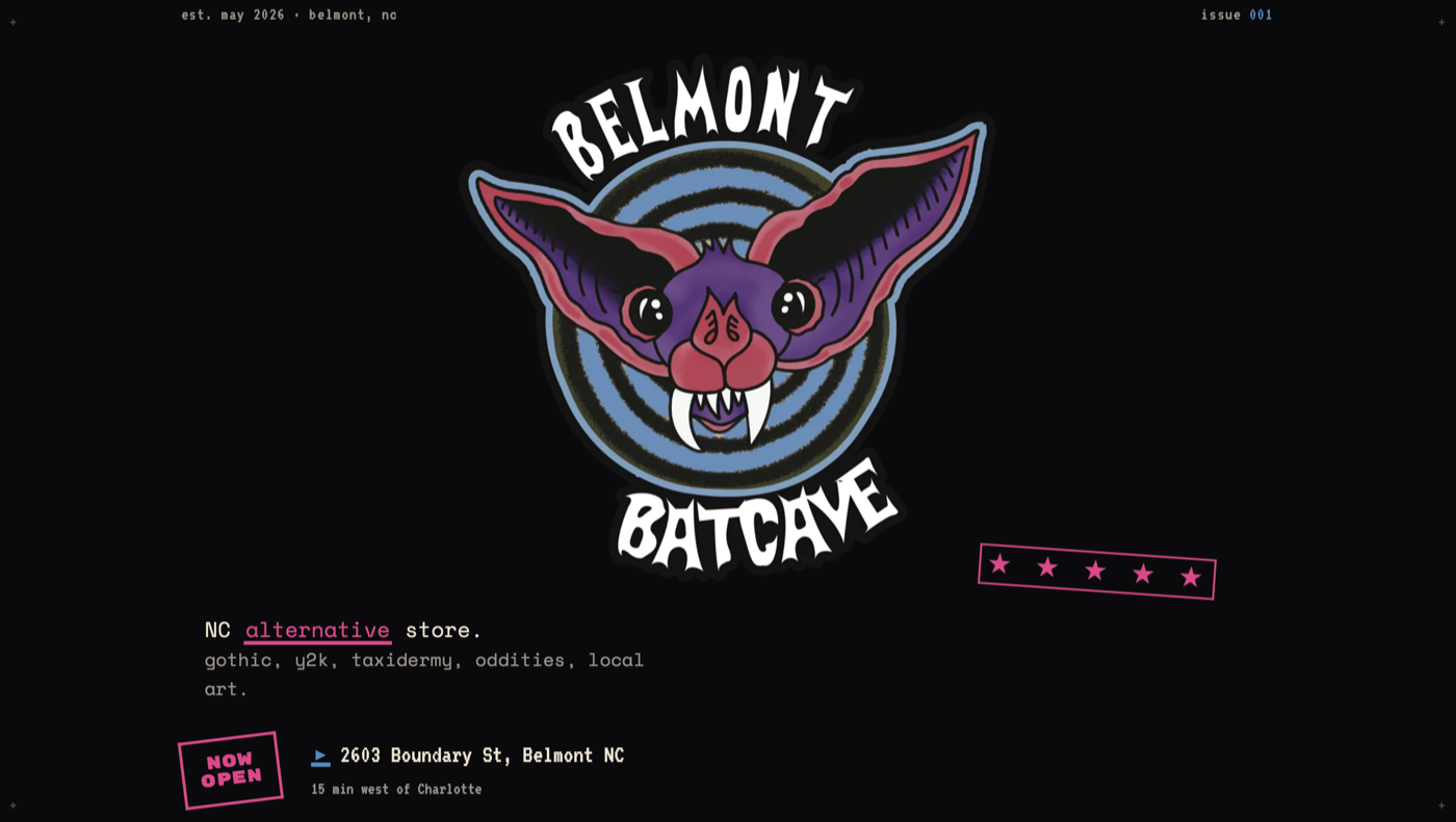 Belmont Batcave storefront homepage with hand-drawn bat mascot logo