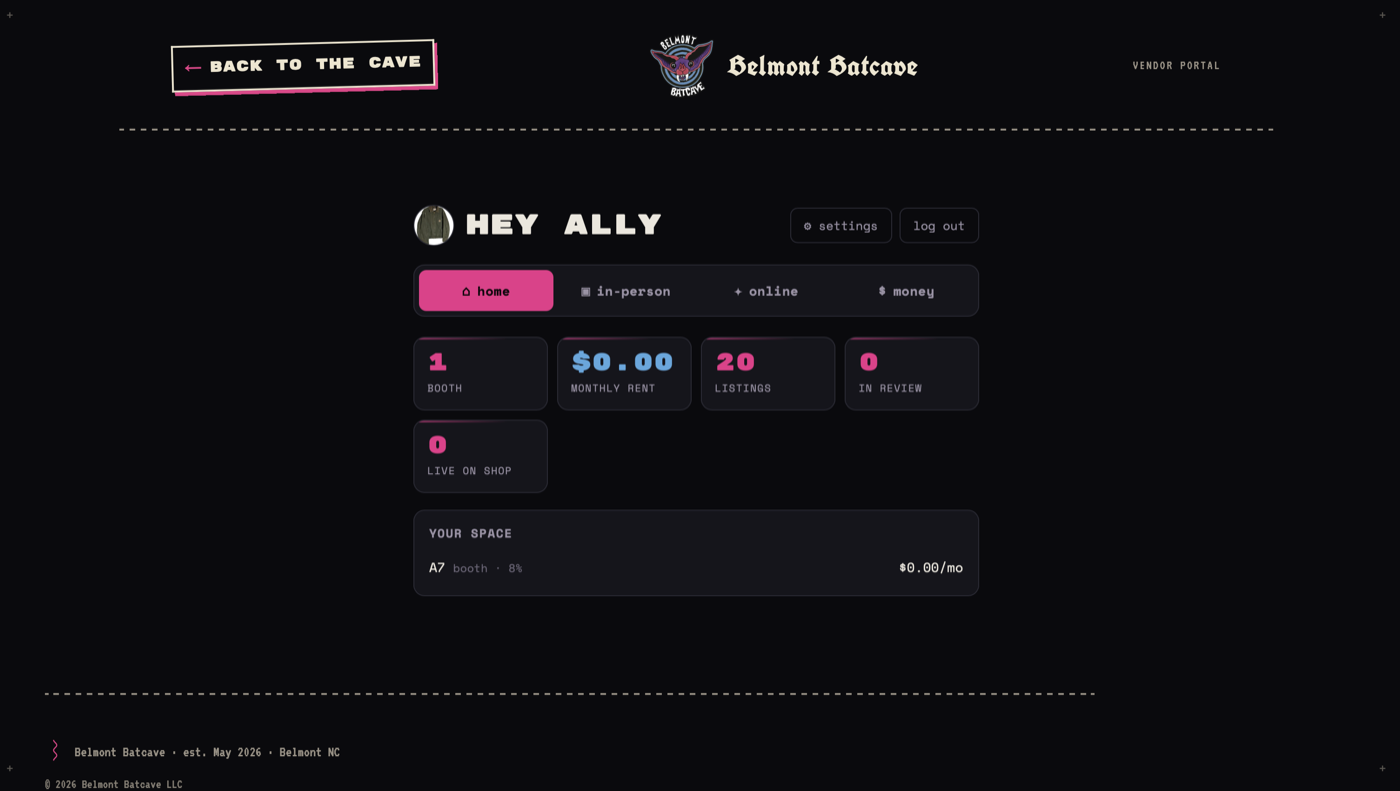 Belmont Batcave vendor portal dashboard showing booth, rent, and listings